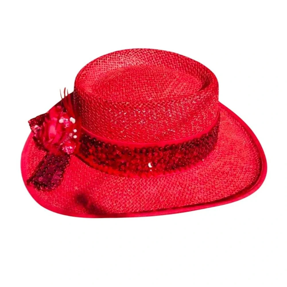 Red Straw Floral Fedora Hat Sequin Band Church Tea Party Red Hat Society Style